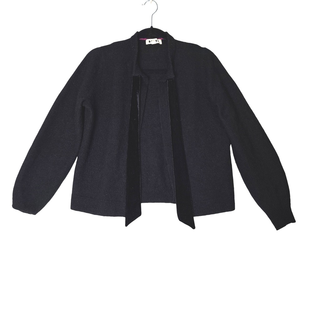 Boden Sweater Womens S Wool Cardigan Black Velvet‎ Trim Tie Neck